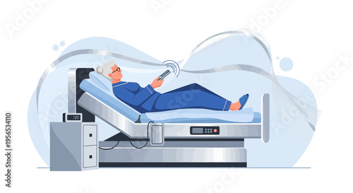 Senior woman reclining in adjustable hospital bed using remote control for adjustments