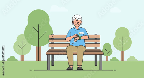 Senior man using smartwatch on park bench illustration showcasing technology adoption among