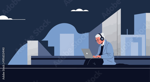 Senior professional with headphones working on a laptop in modern urban landscape setting