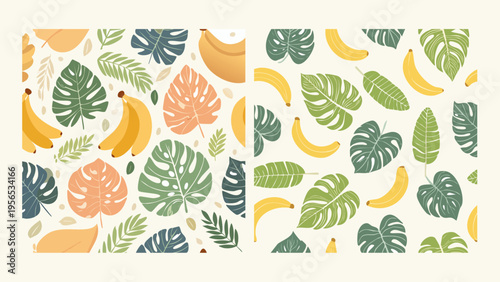 Vibrant seamless tropical patterns showcasing exotic banana fruit and lush botanical leaves, ideal for summer textile designs, nature-inspired backgrounds, or playful modern surface art