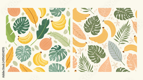 Elegant collection of two seamless botanical patterns featuring lush tropical foliage and sweet ripe bananas, ideal for summer textile designs, home decor, and digital backgrounds