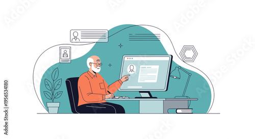 Senior professional working from home office in a stylized line art illustration