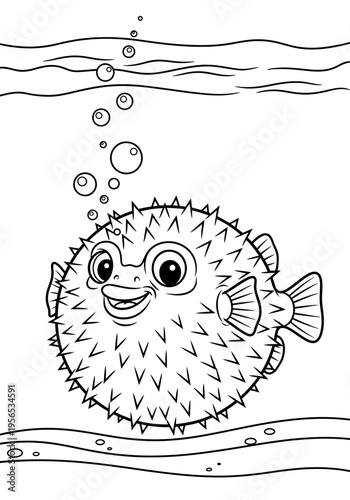 A smiling pufferfish swimming underwater