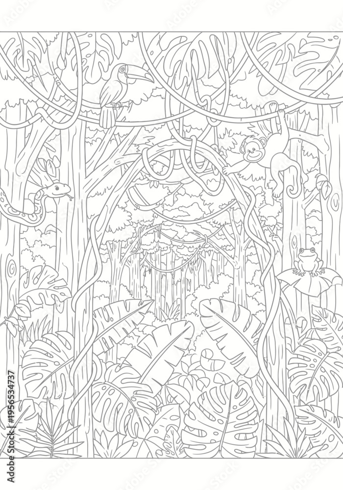 Obraz premium A coloring page of a jungle scene with trees and animals