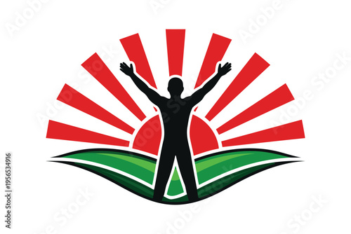 A silhouette of a person standing with arms raised in front of a bright red rising sun and grass Vector