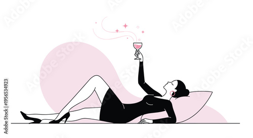 Elegant woman relaxing while lying down and holding a glass of sparkling rose wine in a minimalist illustration style.