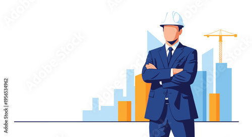 Confident male civil engineer or architect wearing a safety hard hat and suit standing in front of a developing city skyline.