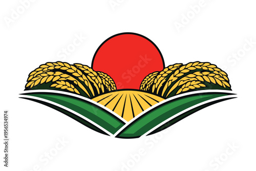 A stylized graphic illustration featuring a vibrant red sun rising over golden wheat fields area Vector