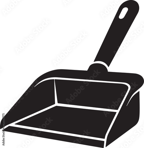 A simple black silhouette icon of a standard household dustpan for cleaning and sweeping chores Vector, illustration