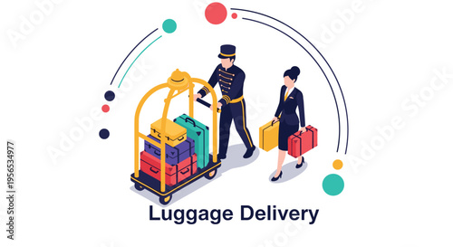 Hotel staff and bellhop with a luggage cart filled with colorful suitcases providing luggage delivery services.