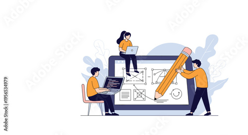 Creative team of designers and developers collaborating on a digital project using a large tablet and giant pencil.