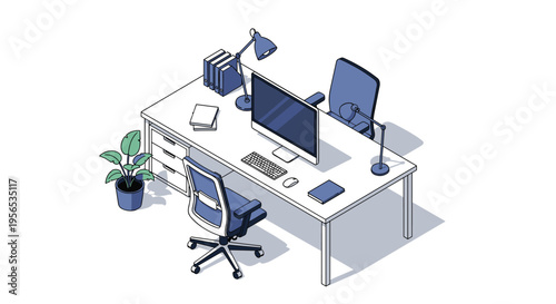 Modern isometric office workspace featuring a desk with a computer monitor, books, two lamps, and a comfortable ergonomic chair.