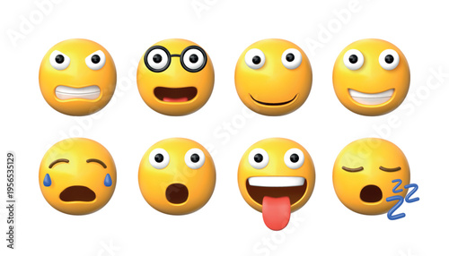3D emoji. Happy or sad face with mouth and eyes. Cartoon emoticon or social media character. Happy wink avatar smile. Surprised icon. Emotion facial expression. Bubble smileys vector set