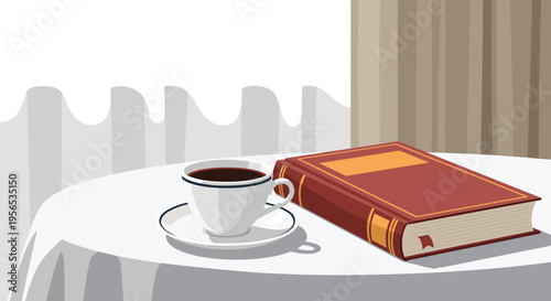 Relaxing scene of a white cup of black coffee on a saucer next to a thick red book placed on a table with a white cloth.