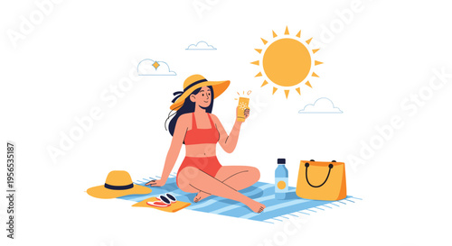 Young woman sitting on a beach towel under the bright sun and applying sunscreen to protect her skin during a summer holiday.