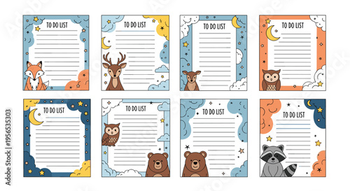 Set of cute illustrated to do list templates featuring forest animal characters like fox, deer, owl, bear, and raccoon.