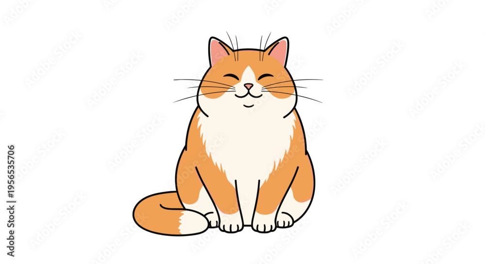 Fototapeta premium Cute chubby orange and white cat sitting calmly and smiling with eyes closed in a peaceful pose on a white background.