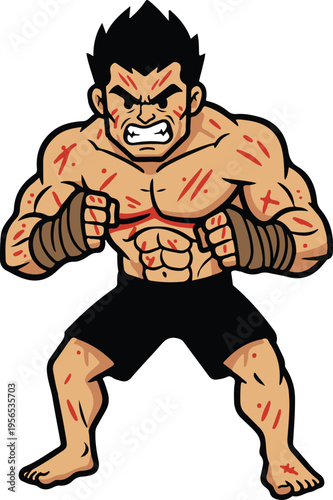 Muscular Battle-Hardened Fighter With Battle Scars and Hand Wraps in Combat Stance, Gritty Cartoon Style Vector Illustration