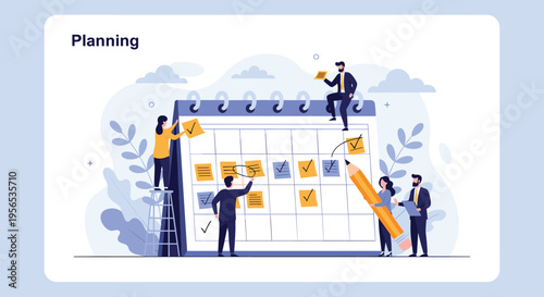 Collaborative team of professionals planning their schedule and tasks on a giant calendar with notes and checklists.