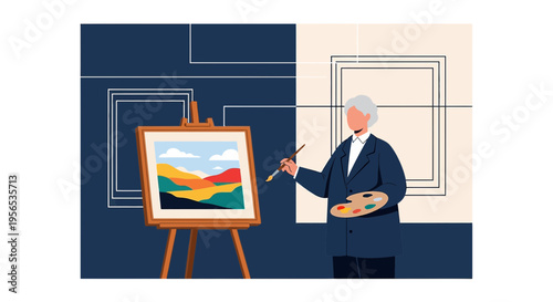 Senior Artist Working on Landscape Painting at a Modern Art Gallery Setup