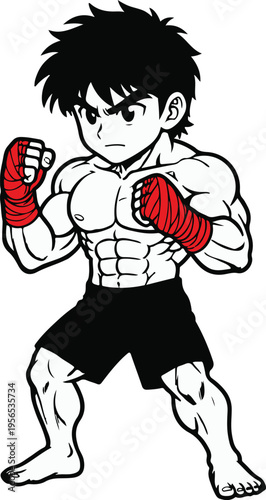 Determined Young Martial Artist with Bright Red Hand Wraps and Muscular Build, Bold Anime-Style Vector Illustration