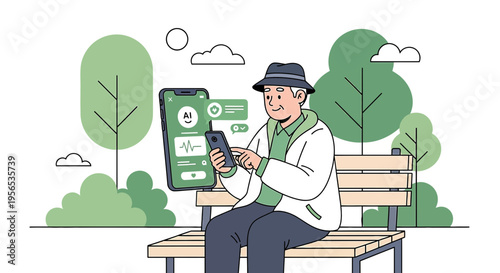 Senior citizen engaging with telehealth app on mobile device in park setting illustration