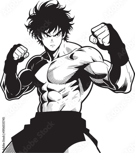 Intense Muscular Fighter with Messy Hair and Black Hand Wraps in a Dynamic Boxing Stance, High-Contrast Manga Style Vector Illustration