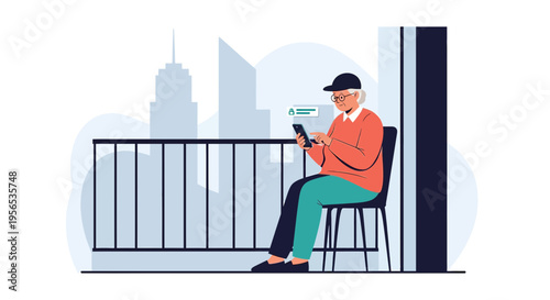 Senior citizen uses mobile security app on a balcony with a city skyline view during the day