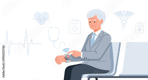 Senior Citizen Utilizing Smartwatch for Health Monitoring and Medical Assistance in a Clinic Setting