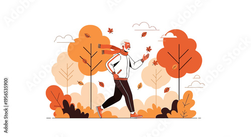Senior Man Jogging in Autumn Scenery: A Lively Depiction of Active Aging and Seasonal Beauty