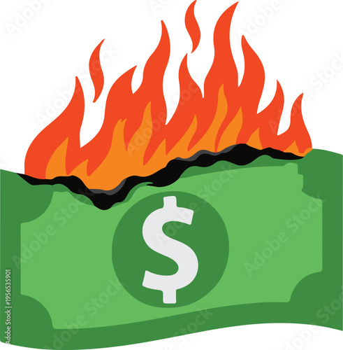 Wavy Green Dollar Bill With Intense Orange Flames and Black Charred Top Edge, Financial Inflation and Economic Crisis Vector Illustration
