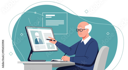 Senior man participating in a virtual meeting using computer and taking notes