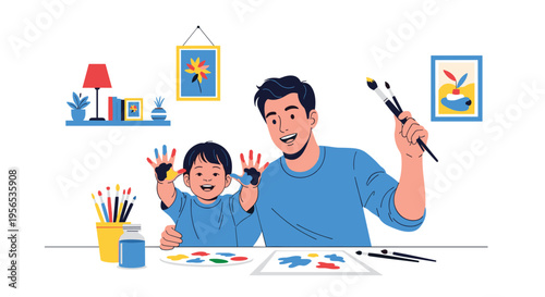 Happy father and young son enjoying creative time together while painting with brushes and colorful paints at a home table.