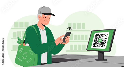 Senior man uses contactless mobile payment with smartphone app at supermarket checkout