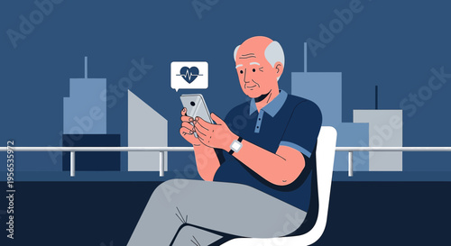 Senior man using health app on smartphone with urban background illustration