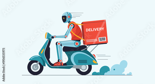 Modern delivery robot riding a blue scooter with a large orange delivery box on the back for fast city transport service.