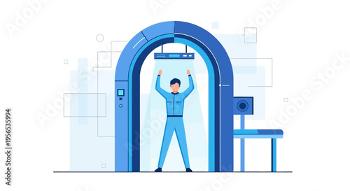 Security screening process illustration depicting a man undergoing examination through a metal