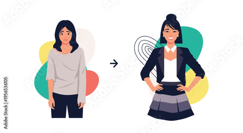 Conceptual illustration showing the transformation of a sad discouraged woman into a confident and successful business lady.