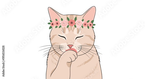 Adorable ginger cat wearing a beautiful pink flower crown on its head while licking its paw in a peaceful white background.