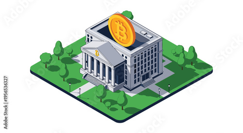 Isometric view of a classic bank building with a massive golden bitcoin on its roof symbolizing cryptocurrency integration.