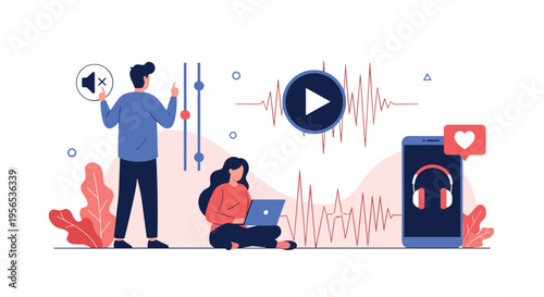 Creative team working on audio production and sound editing using modern digital tools and mobile application software.