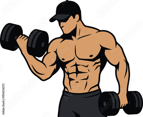 Muscular man in a cap lifting dumbbells, high-contrast flat vector illustration