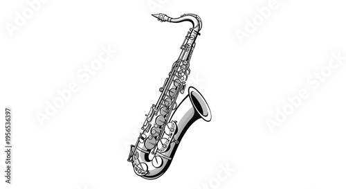 Detailed black and white illustration of a musical saxophone instrument showing keys and mouthpiece on a clean background.