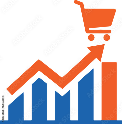 A stylized graphic illustration depicting a rising sales chart with an orange shopping cart icon Vector, illustration
