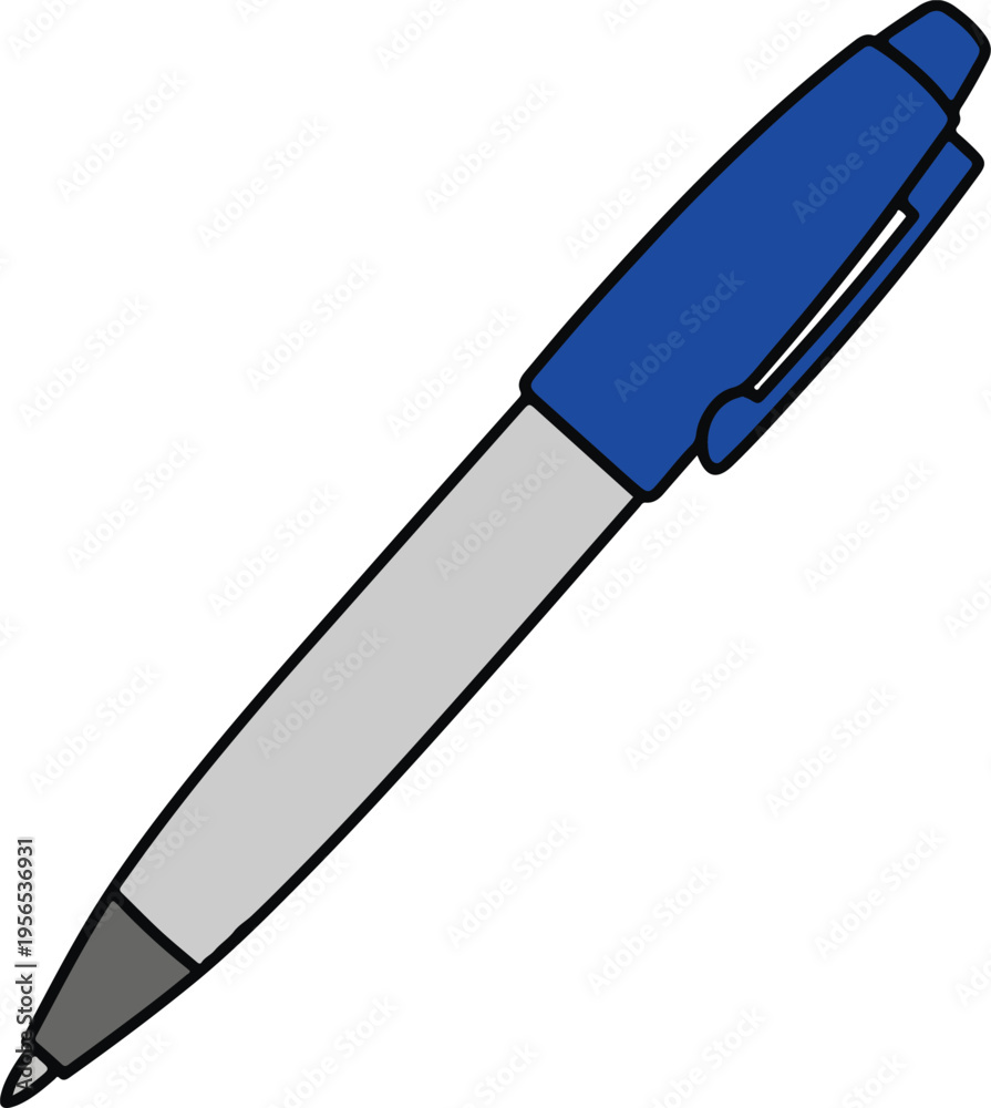 Obraz premium Blue ballpoint pen with a cap and light gray body, simple and functional vector illustration