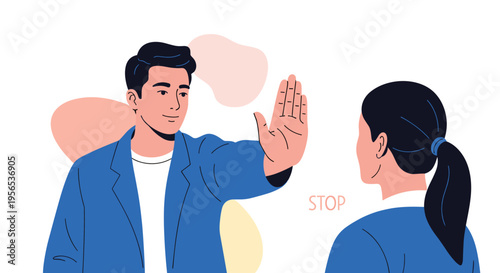 Man showing a stop hand gesture to a woman symbolizing refusal disagreement or the need for personal space and boundaries.