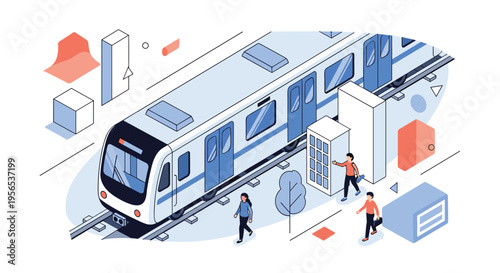 Subway train at a modern station platform with diverse passengers and architectural elements in an isometric vector style.