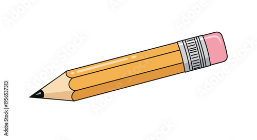 Classic yellow wooden pencil with a sharp graphite point and a pink eraser isolated on a plain white background for creative design.