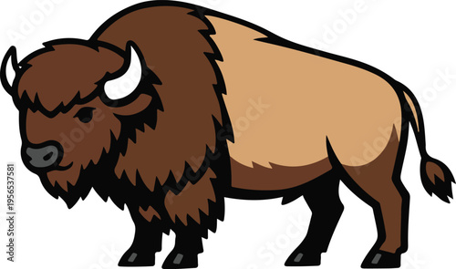 Brown Bison with Shaggy Mane and Curved Horns, Bold Cartoon Wildlife Style vector illustration
