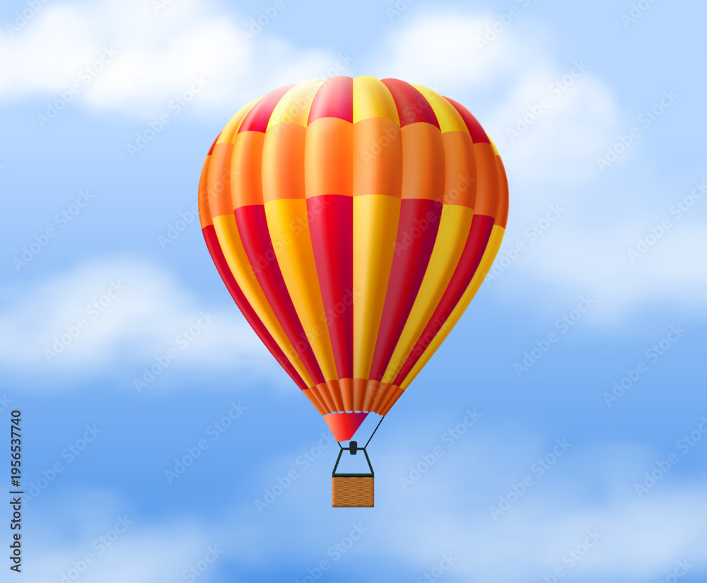 Naklejka premium Hot air balloon. Realistic element striped aerostat with basket in clear blue sky with clouds, travel transport. Adventures and freedom. Journey or advertising object. Vector 3d illustration